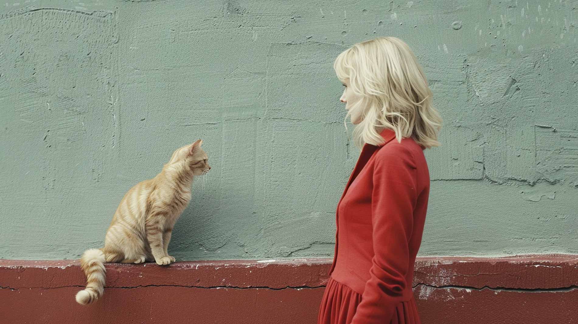 a cat talking to a blond woman