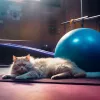Katzen Training – Eine Katze schläft auf der Sportmatte in einem Fitnessstudio