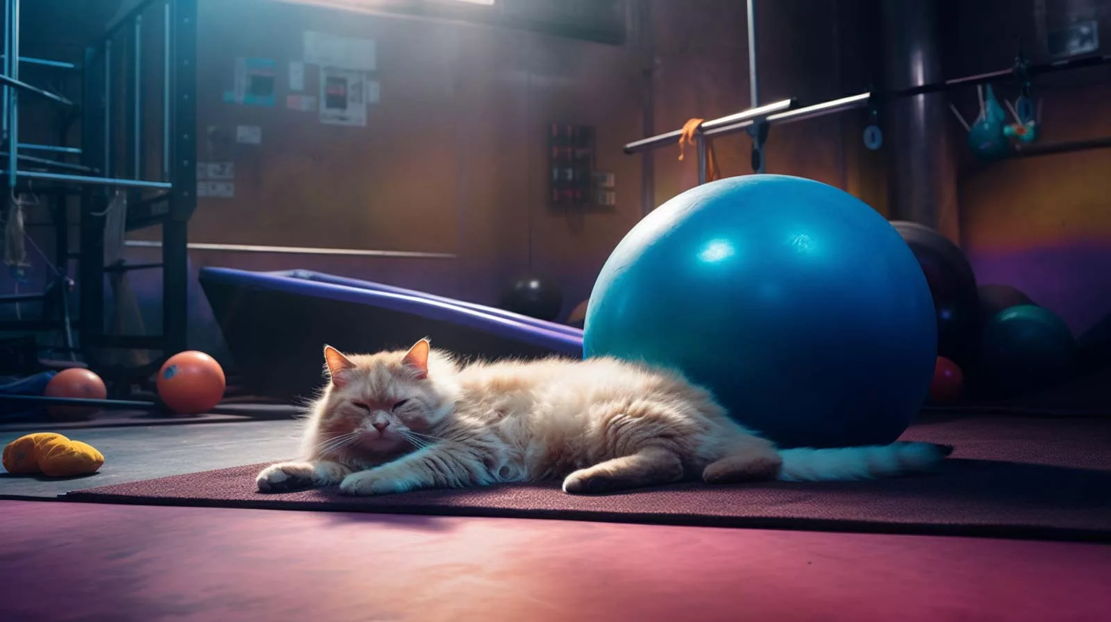 Katzen Training – Eine Katze schläft auf der Sportmatte in einem Fitnessstudio