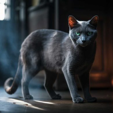 Russian Blue cat standing in apartment