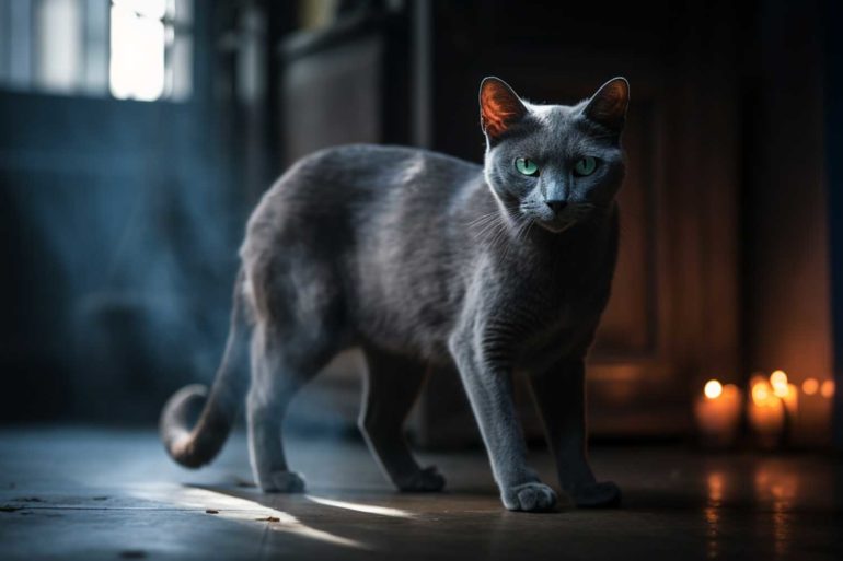 Russian Blue cat standing in apartment