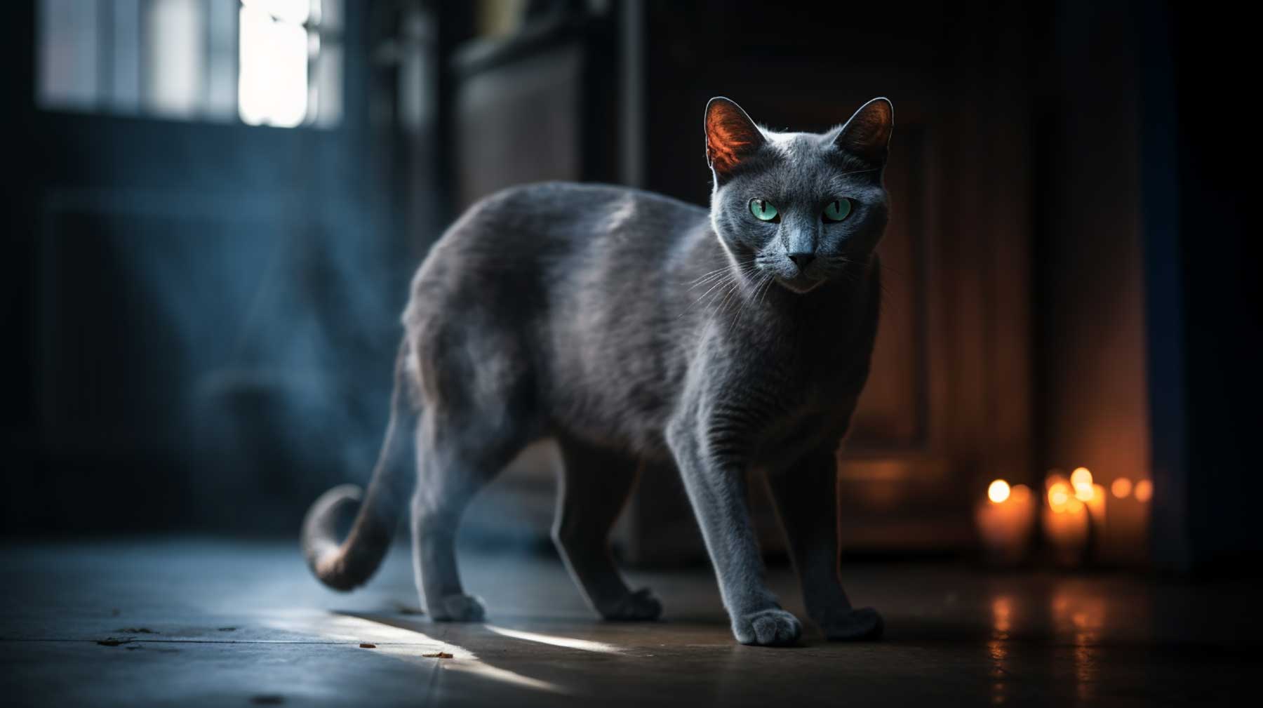 Russian Blue cat standing in apartment