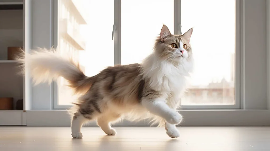 Norwegische Waldkatze läuft in sonniger Wohnung herum