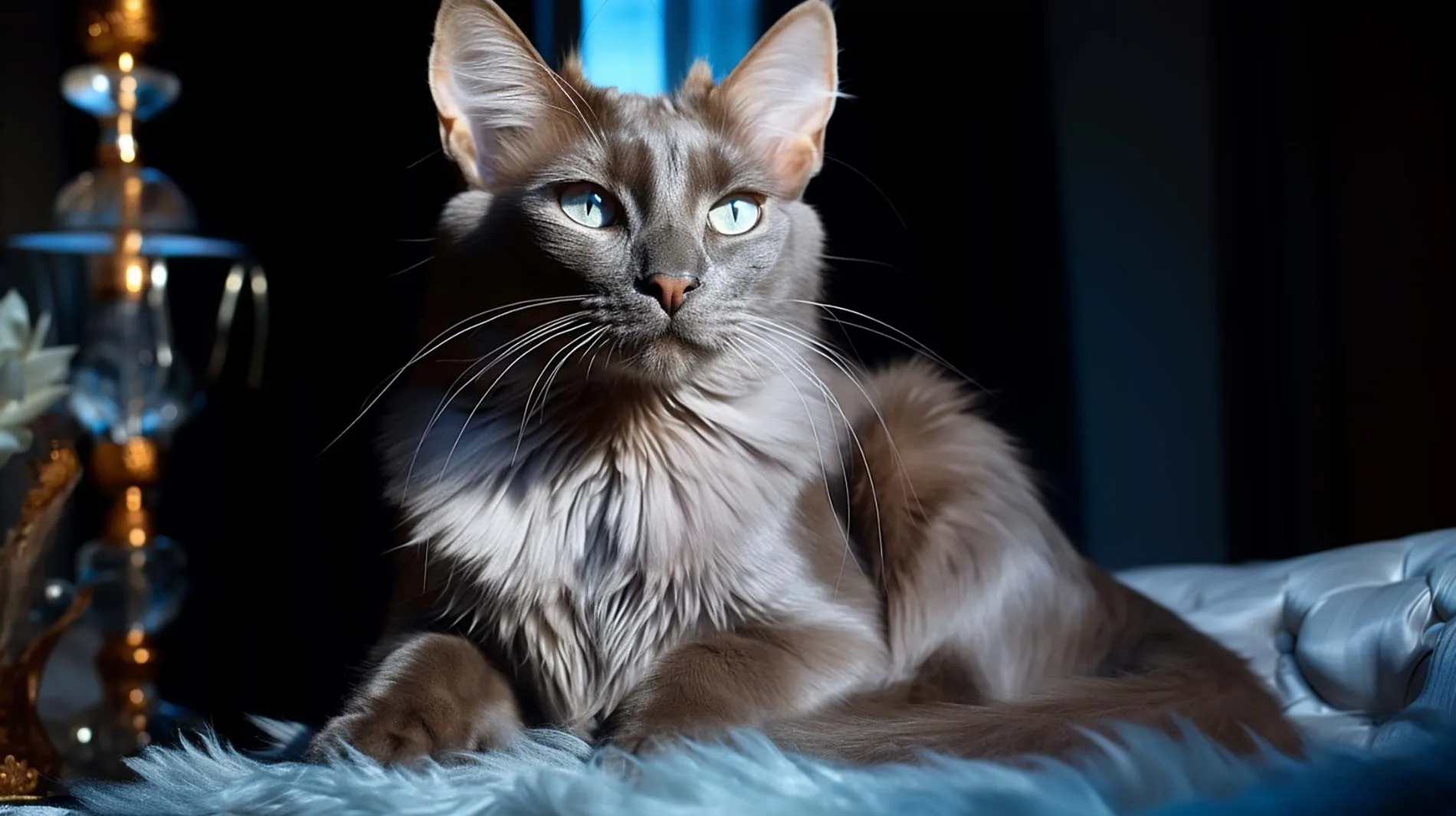 Katze mit langem glänzendem Fell in sonnenbeschienenem elegantem blauem Raum