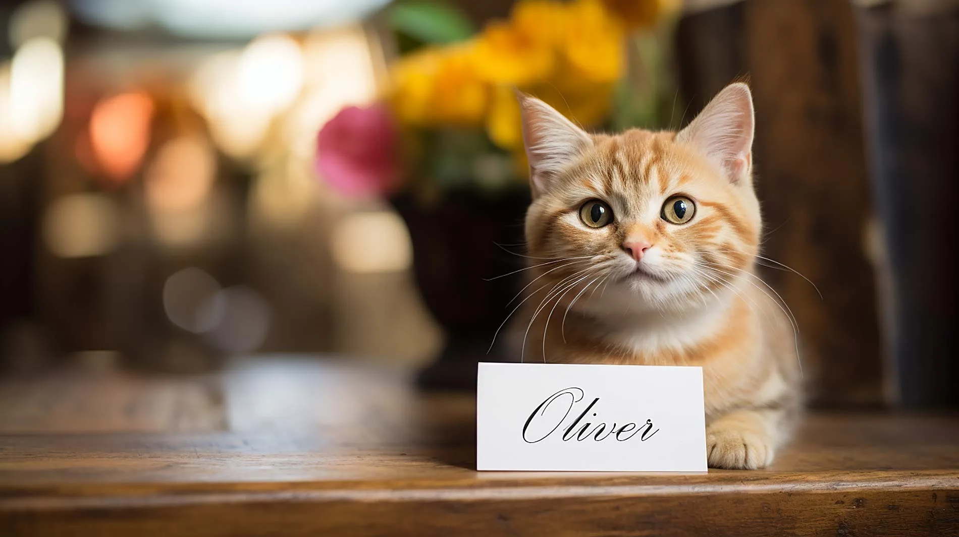 Rote Katze mit Namenschild vor sich, auf dem "Oliver" steht.