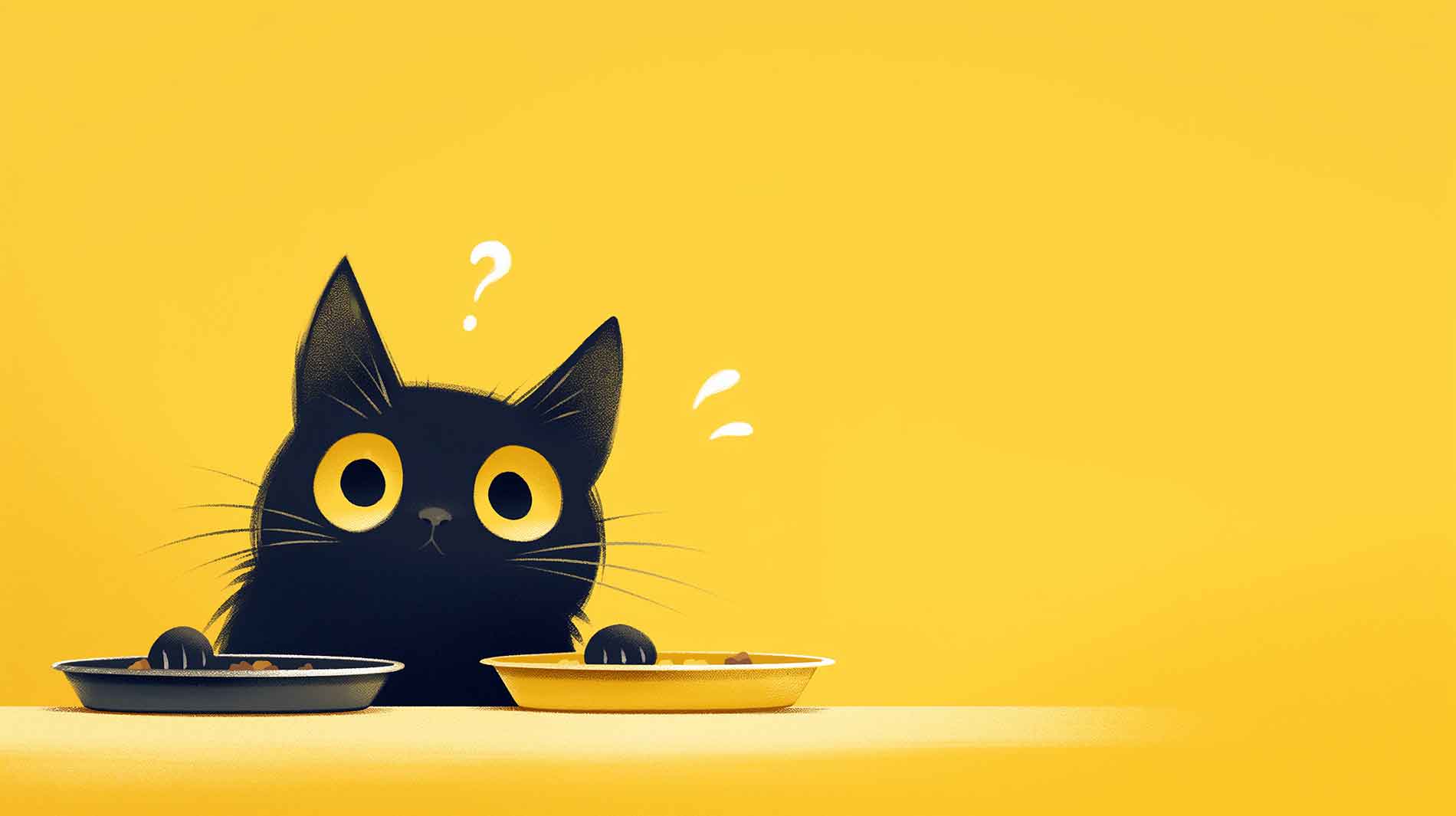 Illustration einer Katze die verwirrt neben zwei Näpfen steht