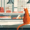 Illustration einer Katze die auf dem Tresen einer Metzgerei sitzt